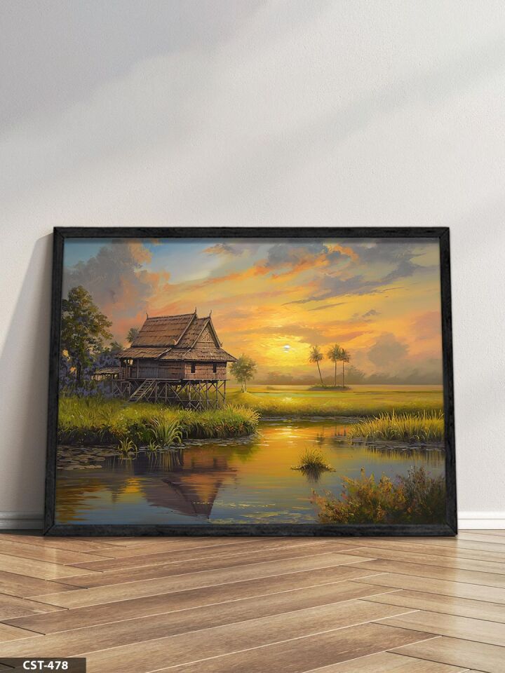 Günbatımında Köy Evi Tek Parça Ahşap Çerçeveli Tablo Siyah - 30 x 40 CM