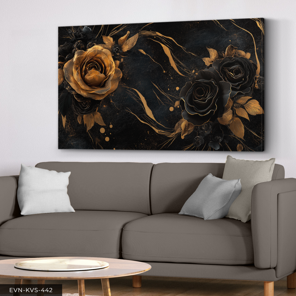 Gold ve Siyah Gül Tek Parça Kanvas - Canvas Tablo 140 x 90 CM - Çok Renkli