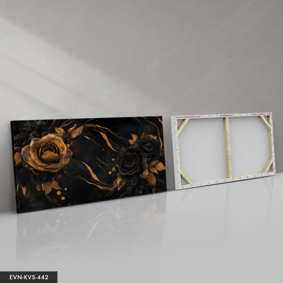 Gold ve Siyah Gül Tek Parça Kanvas - Canvas Tablo 140 x 90 CM - Çok Renkli