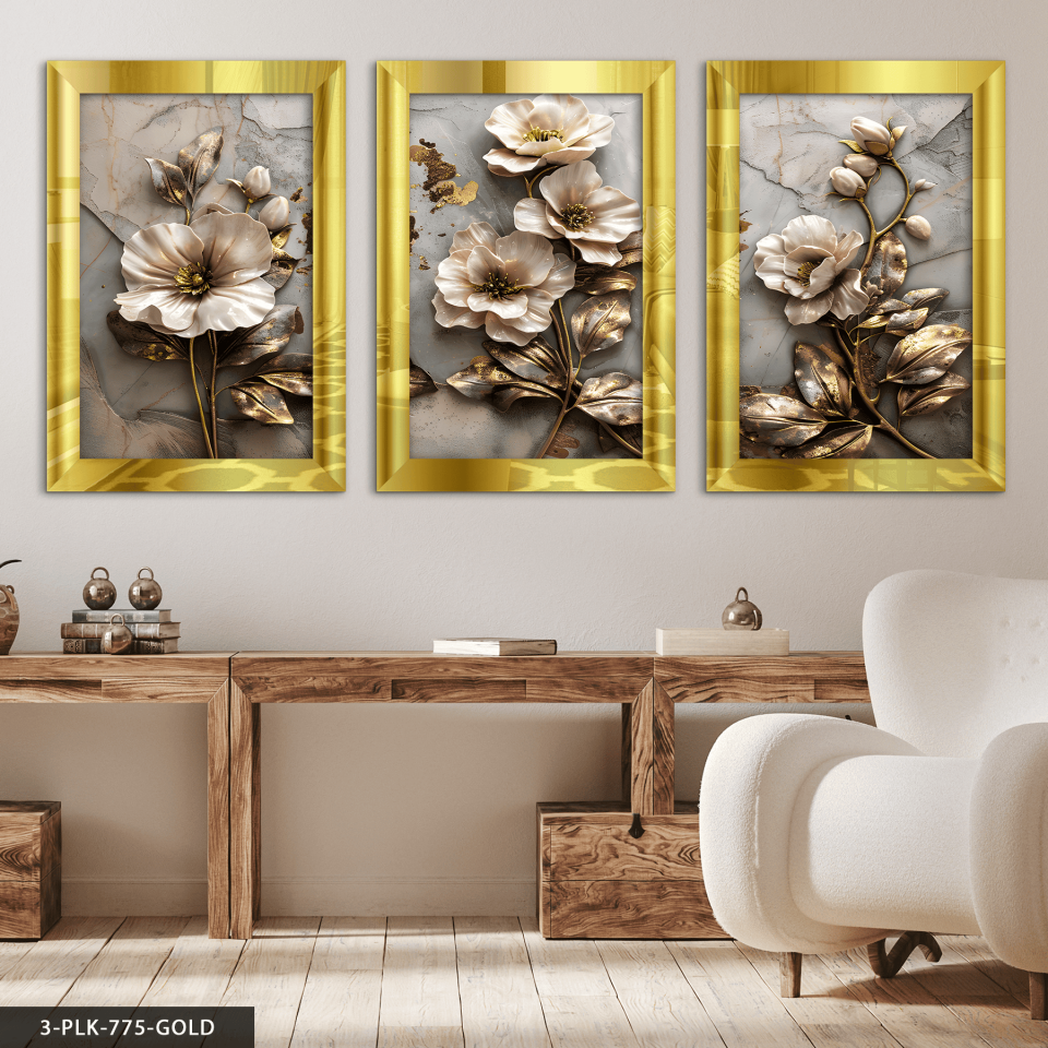 Gold Işıltılı Dokulu Görünüm Çiçek 3 Parça Pleksi Aynalı Tablo 30 x 40 CM - Gold