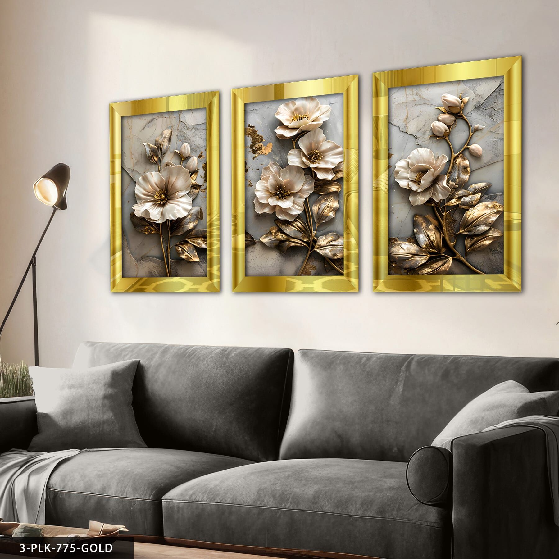 Gold Işıltılı Dokulu Görünüm Çiçek 3 Parça Pleksi Aynalı Tablo 30 x 40 CM - Gold