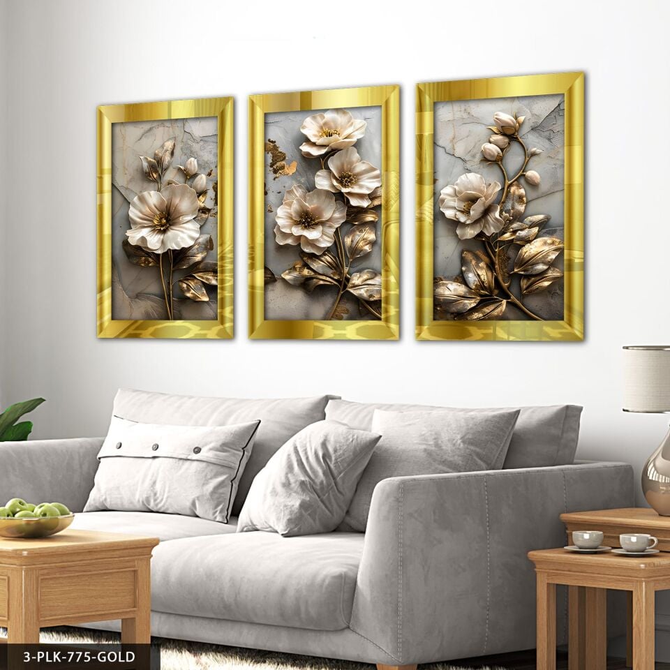 Gold Işıltılı Dokulu Görünüm Çiçek 3 Parça Pleksi Aynalı Tablo 30 x 40 CM - Gold