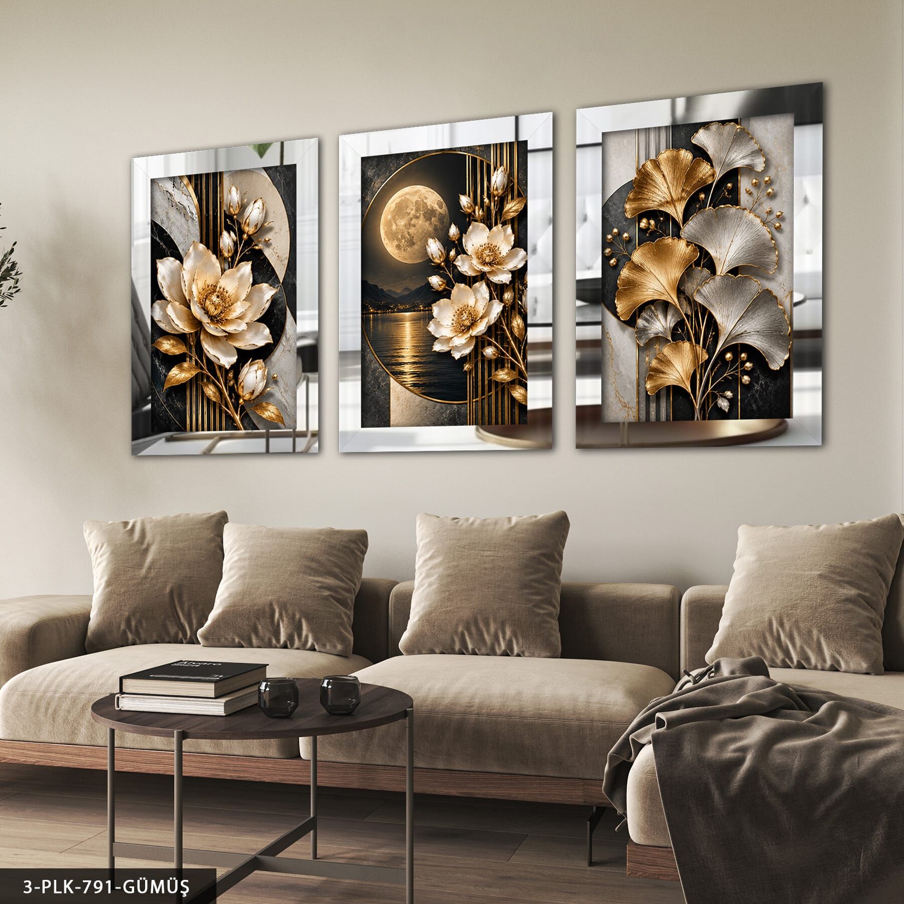 Ay Işığında Beyaz Çiçek ve Yaprak 3 Parça Pleksi Aynalı Tablo Gümüş - 30 x 40 CM
