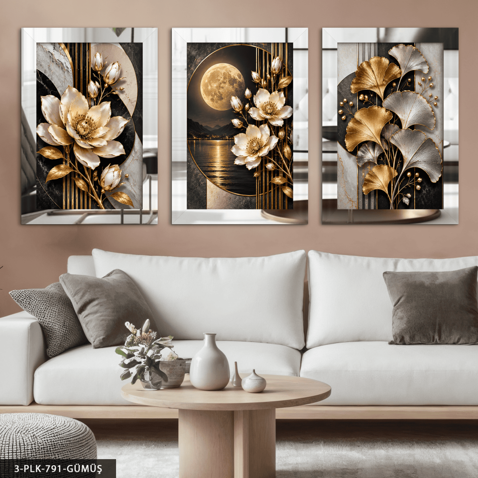 Ay Işığında Beyaz Çiçek ve Yaprak 3 Parça Pleksi Aynalı Tablo Gümüş - 30 x 40 CM