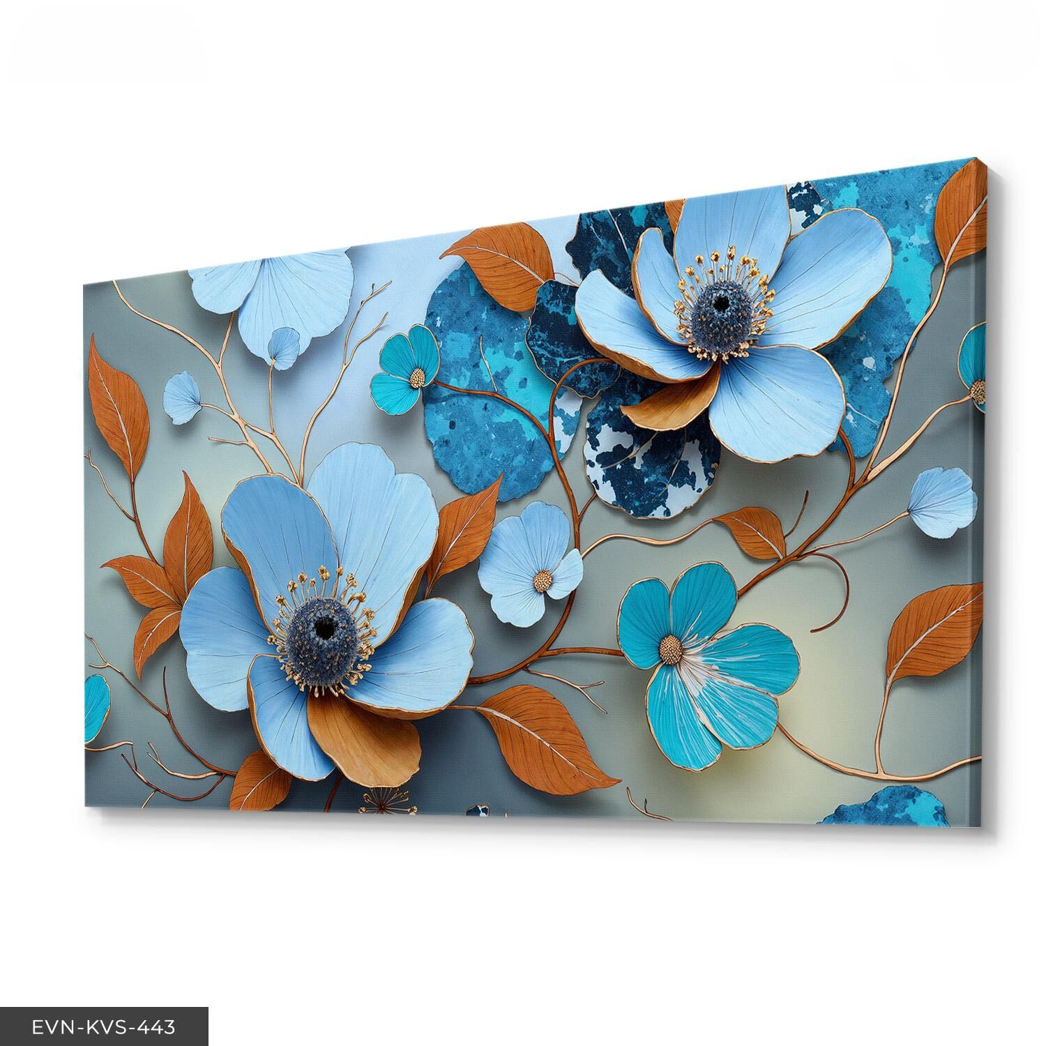 Turuncu Yapraklı Mavi Çiçekler Tek Parça Kanvas - Canvas Tablo 40 x 30 CM - Çok Renkli