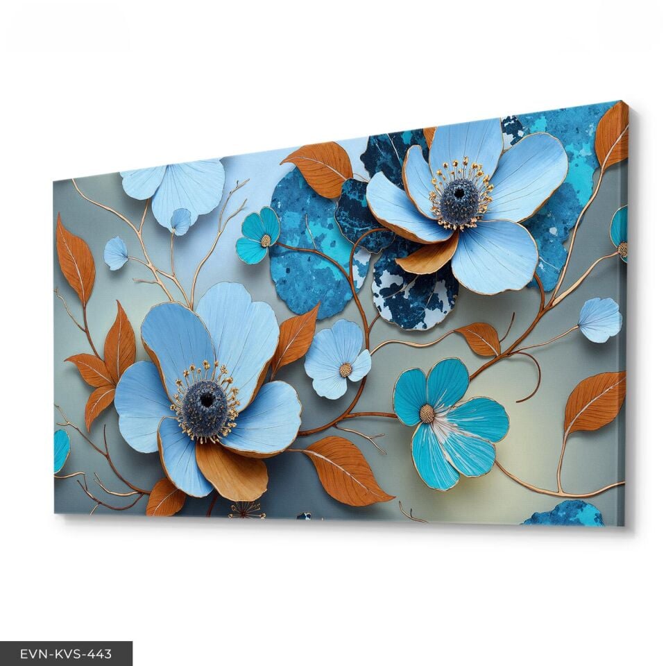Turuncu Yapraklı Mavi Çiçekler Tek Parça Kanvas - Canvas Tablo