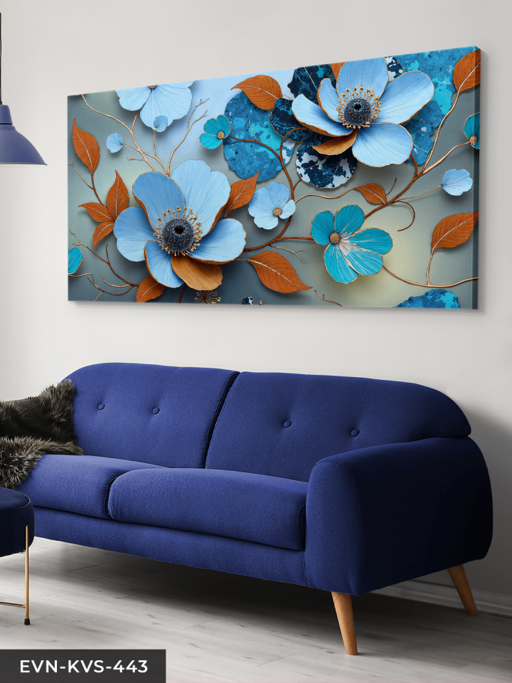 Turuncu Yapraklı Mavi Çiçekler Tek Parça Kanvas - Canvas Tablo 140 x 90 CM - Çok Renkli