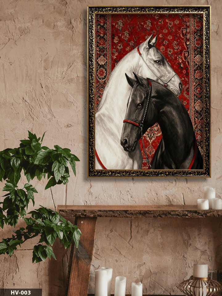 Siyah ve Beyaz At Vintage Desenli Premium Çerçeveli Tek Parça Tablo 75x55 CM HV