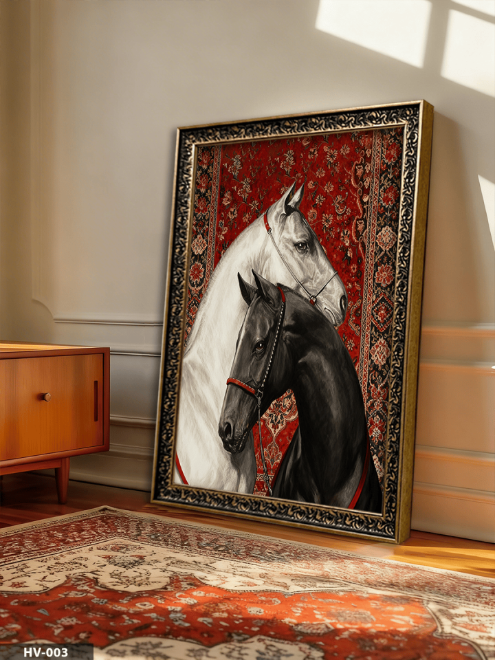 Siyah ve Beyaz At Vintage Desenli Premium Çerçeveli Tek Parça Tablo 75x55 CM HV