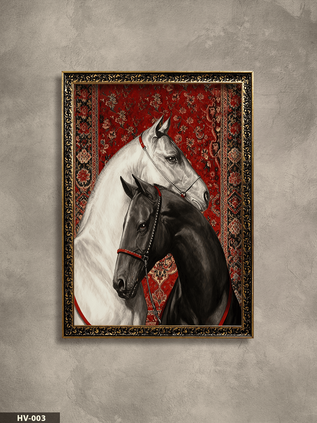 Siyah ve Beyaz At Vintage Desenli Premium Çerçeveli Tek Parça Tablo 75x55 CM HV