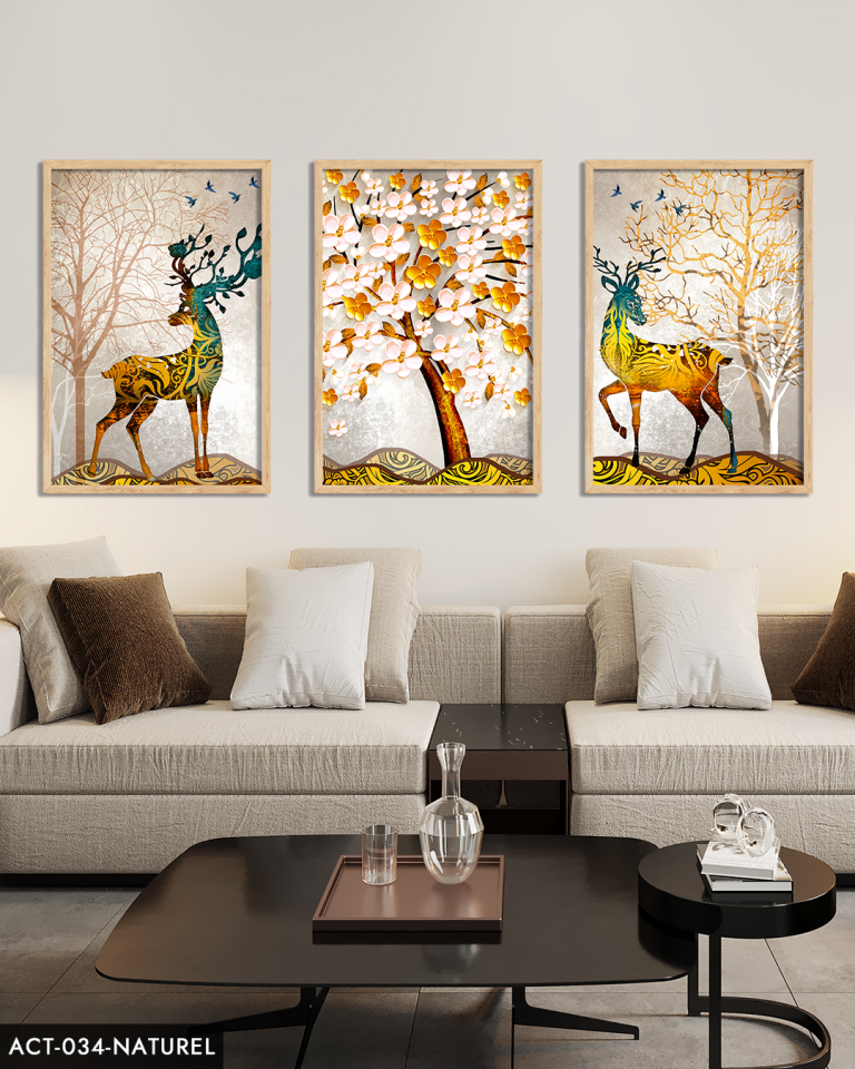 Renkli Geyik, Renkli Ağaç 3 Parça Ahşap Çerçeveli Tablo ACT Siyah - 40 x 60 CM