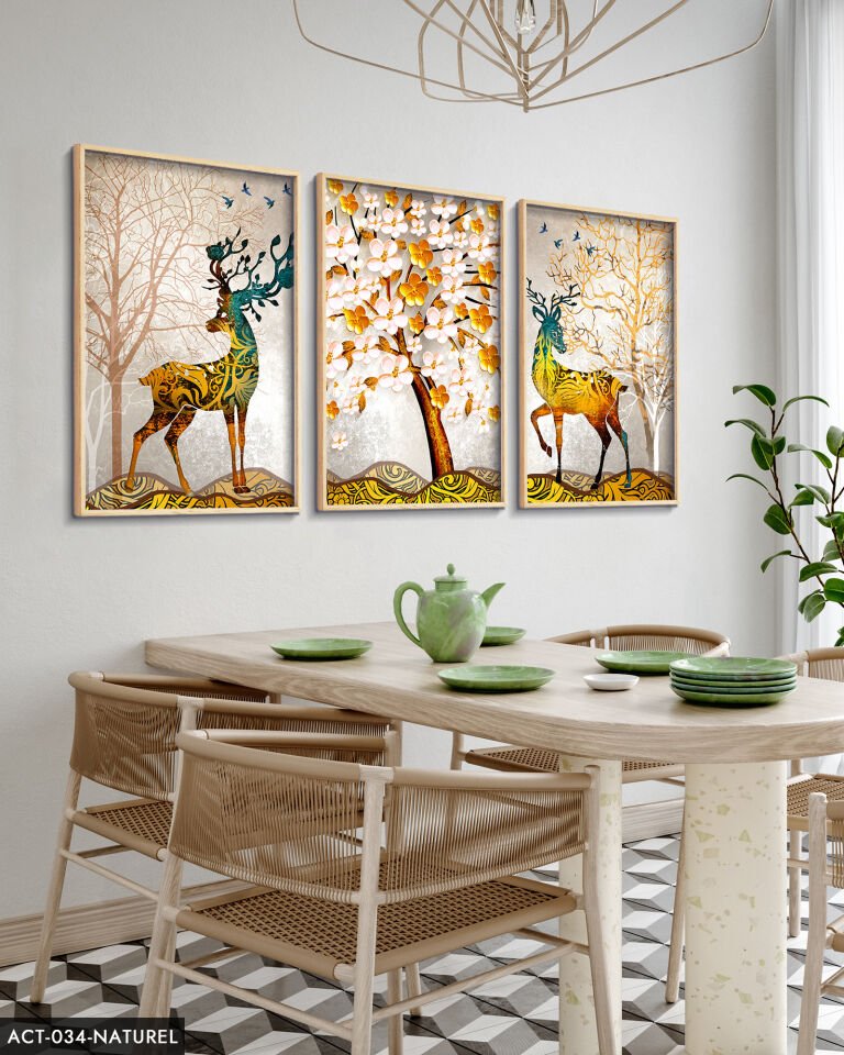 Renkli Geyik, Renkli Ağaç 3 Parça Ahşap Çerçeveli Tablo ACT Siyah - 40 x 60 CM