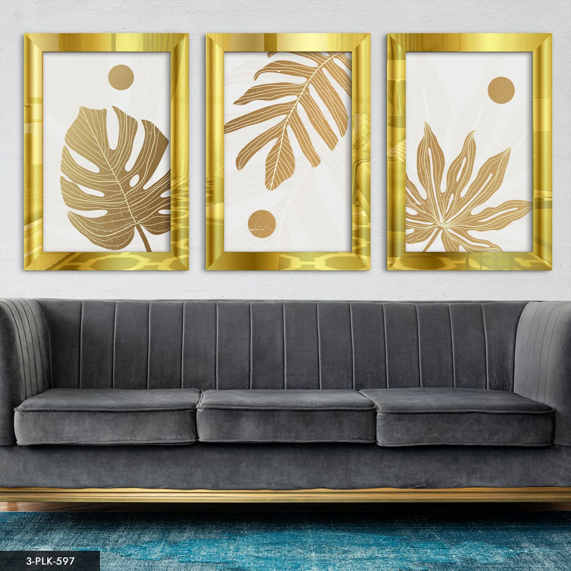 Yapraklar 3 Parça Pleksi Aynalı Tablo 60 x 80 CM - Gold