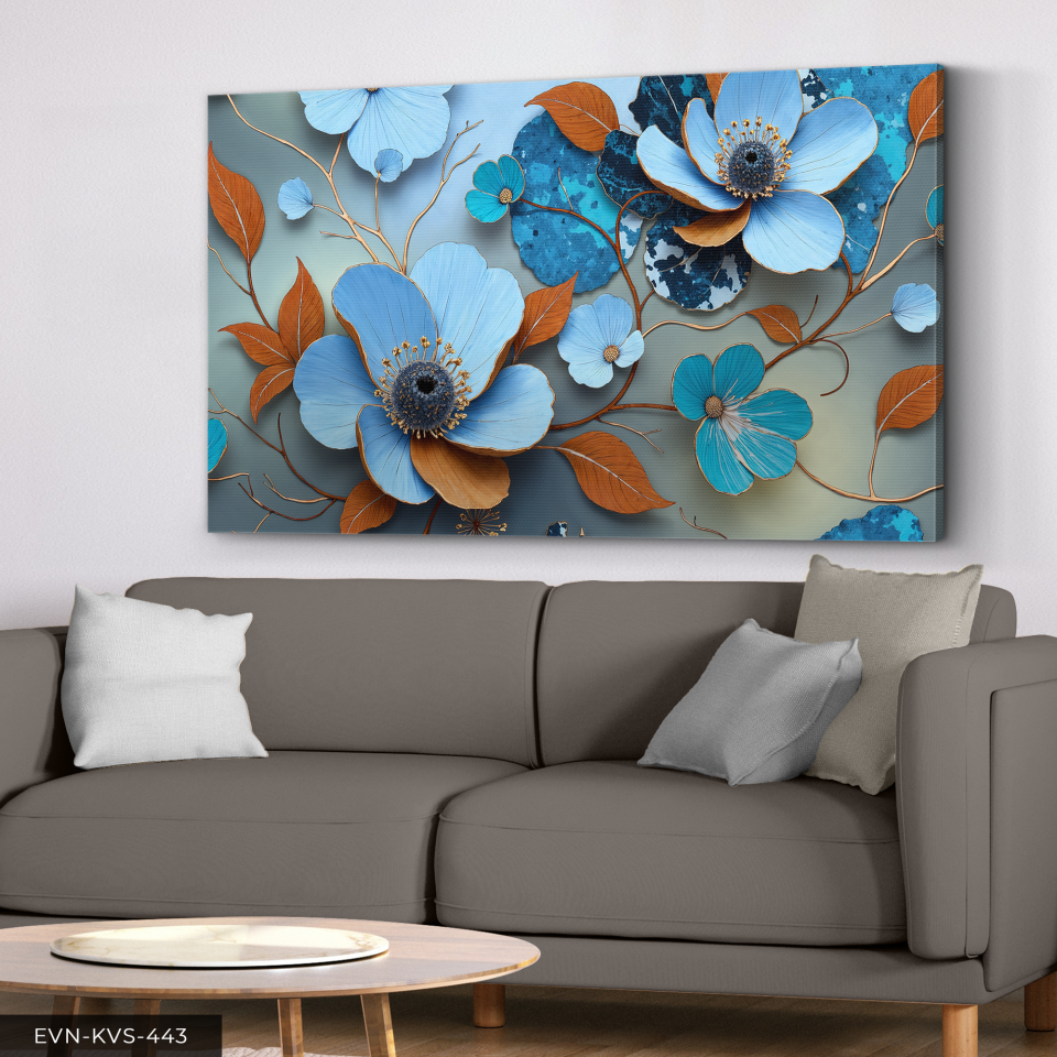 Turuncu Yapraklı Mavi Çiçekler Tek Parça Kanvas - Canvas Tablo 140 x 90 CM - Çok Renkli