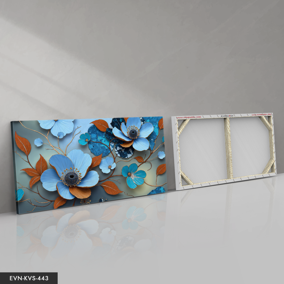 Turuncu Yapraklı Mavi Çiçekler Tek Parça Kanvas - Canvas Tablo 140 x 90 CM - Çok Renkli