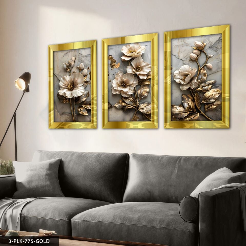 Gold Işıltılı Dokulu Görünüm Çiçek 3 Parça Pleksi Aynalı Tablo 40 x 60 CM - Gold