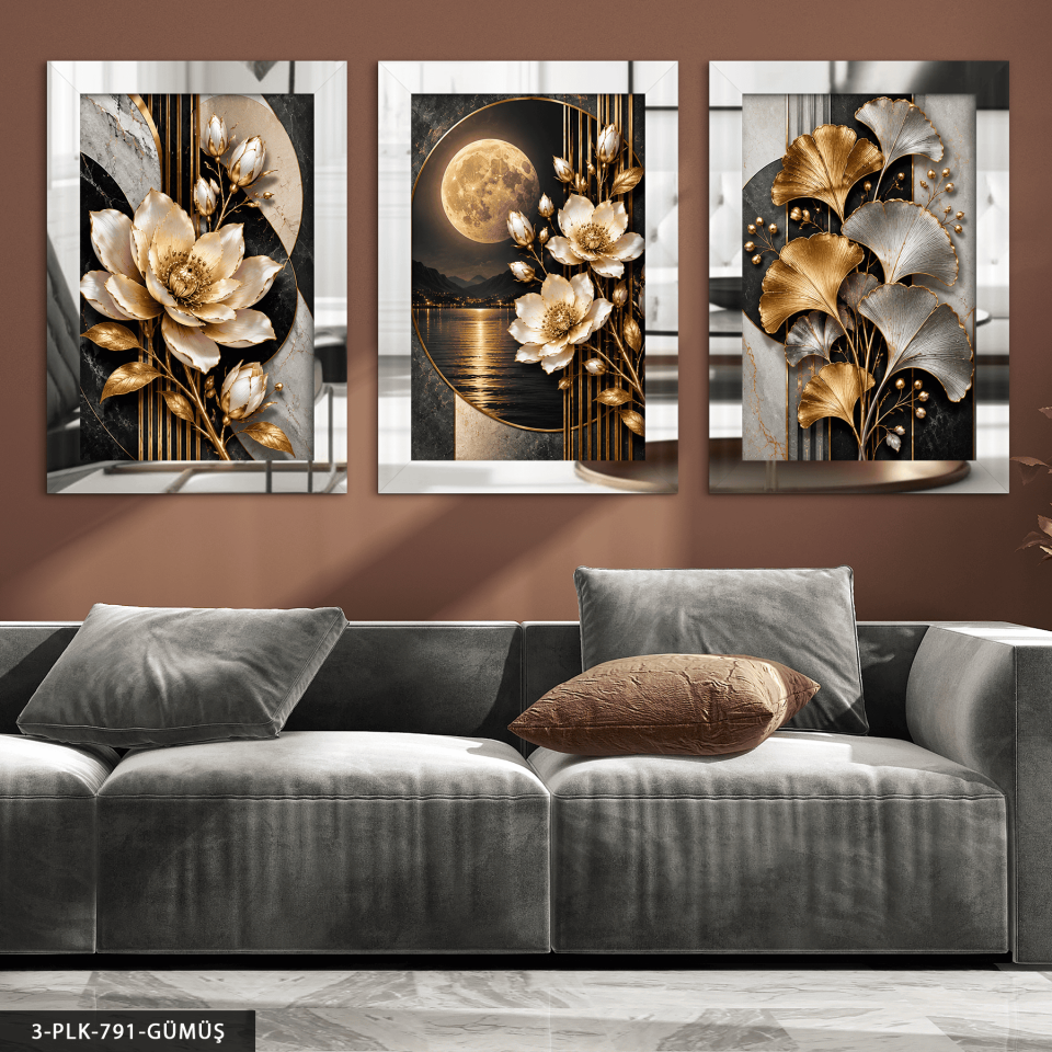 Ay Işığında Beyaz Çiçek ve Yaprak 3 Parça Pleksi Aynalı Tablo Gümüş - 40 x 60 CM