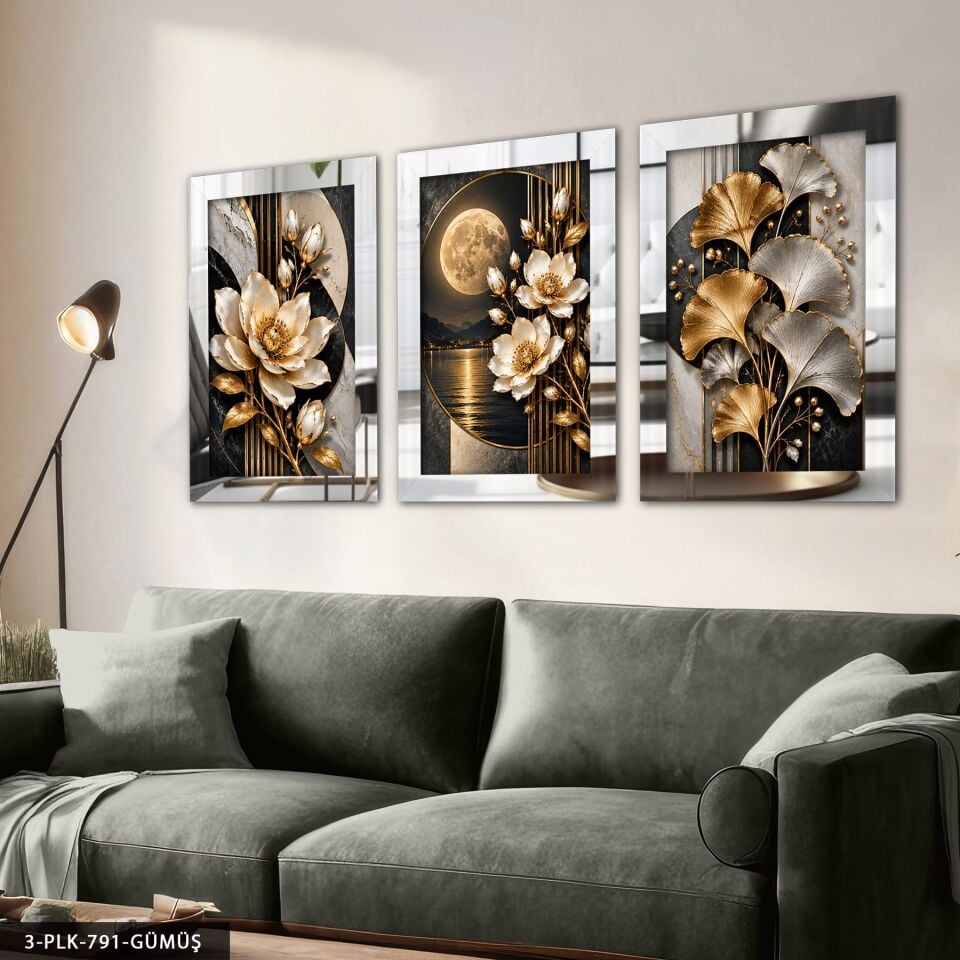 Ay Işığında Beyaz Çiçek ve Yaprak 3 Parça Pleksi Aynalı Tablo Gümüş - 40 x 60 CM