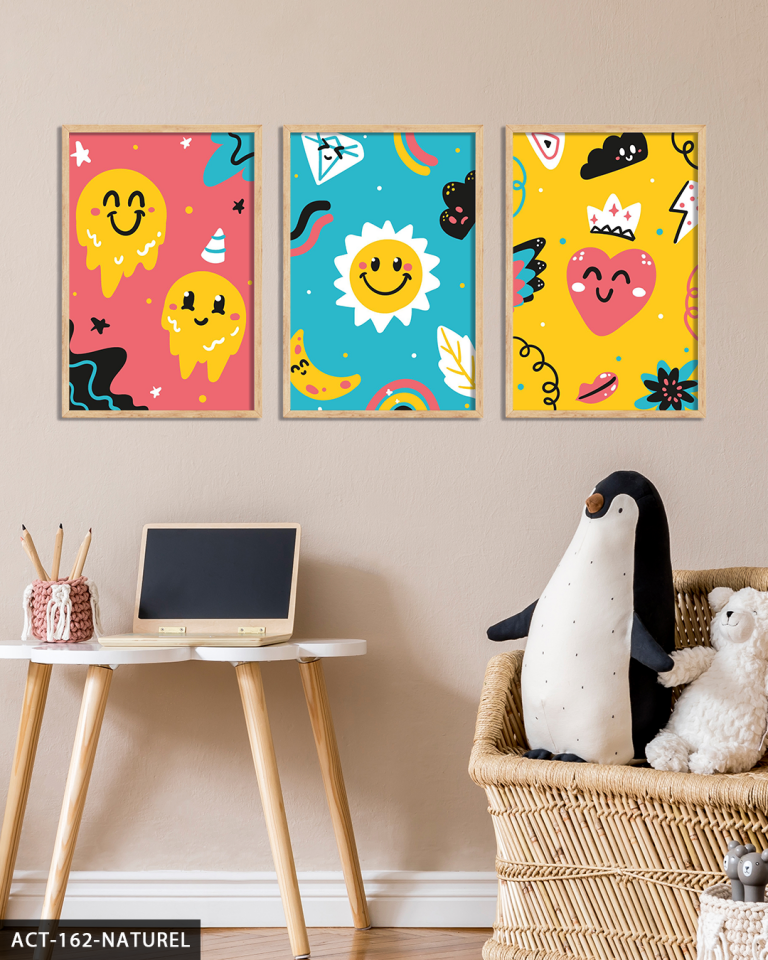 Renkli Çizgifilm Karakterleri 3 Parça Ahşap Çerçeveli Tablo ACT Naturel - 20 x 30 CM