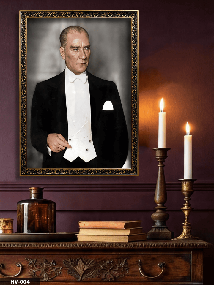 Mustafa Kemal Atatürk Vintage Desenli Premium Çerçeveli Tek Parça Tablo 75x55 CM HV