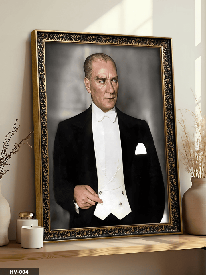Mustafa Kemal Atatürk Vintage Desenli Premium Çerçeveli Tek Parça Tablo 75x55 CM HV