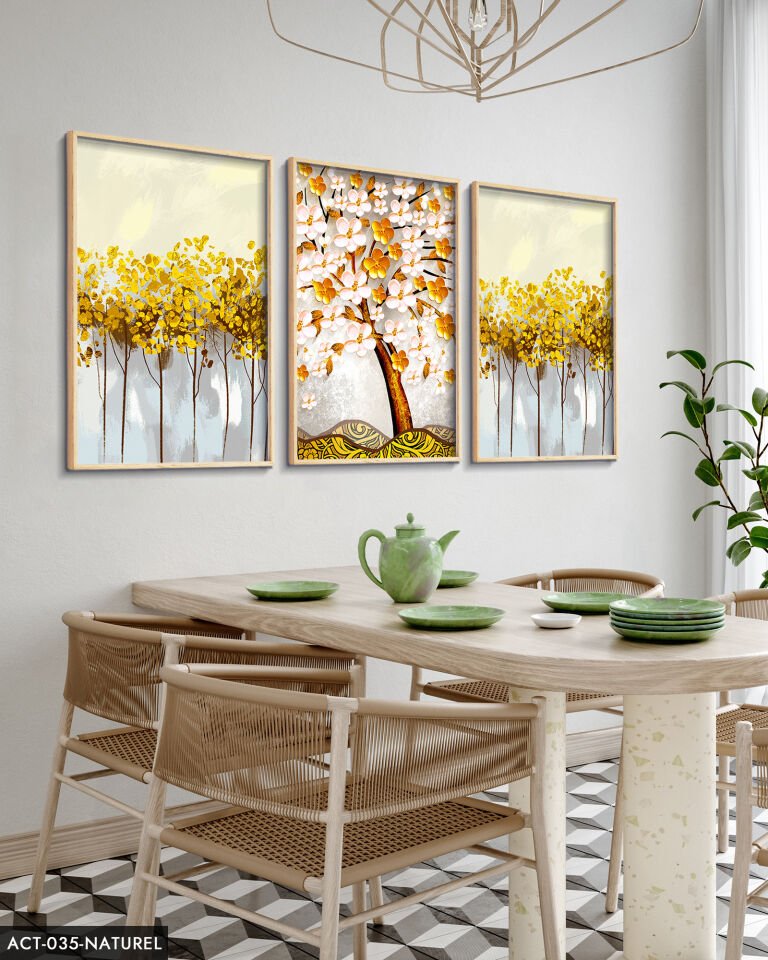 Mavi Çiçek Sulu Boya Görünümlü 3 Parça Ahşap Çerçeveli Tablo ACT Siyah - 40 x 60 CM