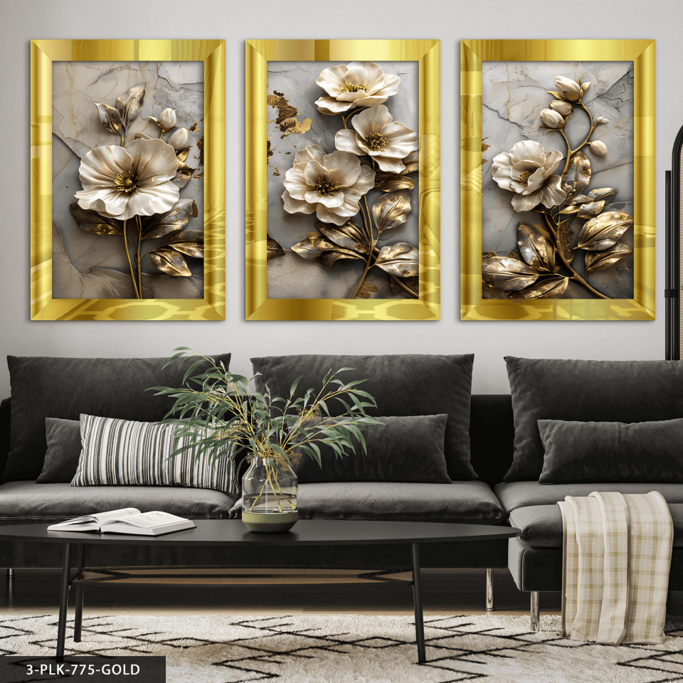 Gold Işıltılı Dokulu Görünüm Çiçek 3 Parça Pleksi Aynalı Tablo 50 x 70 CM - Gold