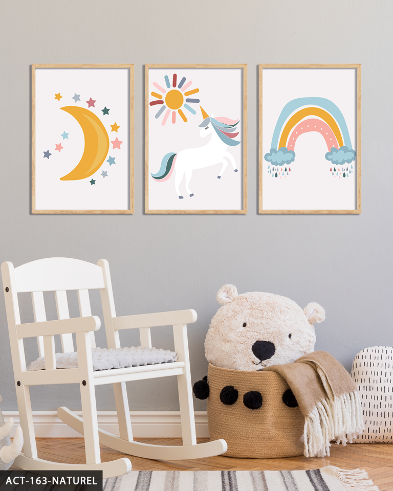 Minimalist Unicorn 3 Parça Ahşap Çerçeveli Tablo ACT Naturel - 20 x 30 CM