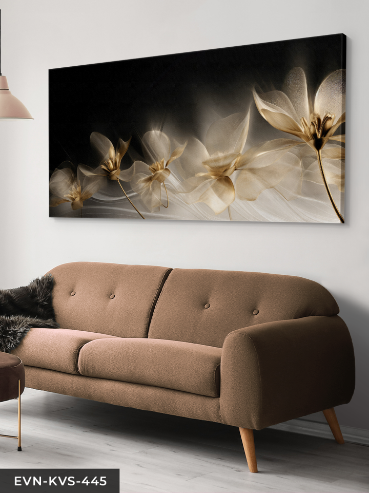 Yansımalı Gold Çiçekler Tek Parça Kanvas - Canvas Tablo 140 x 90 CM - Çok Renkli