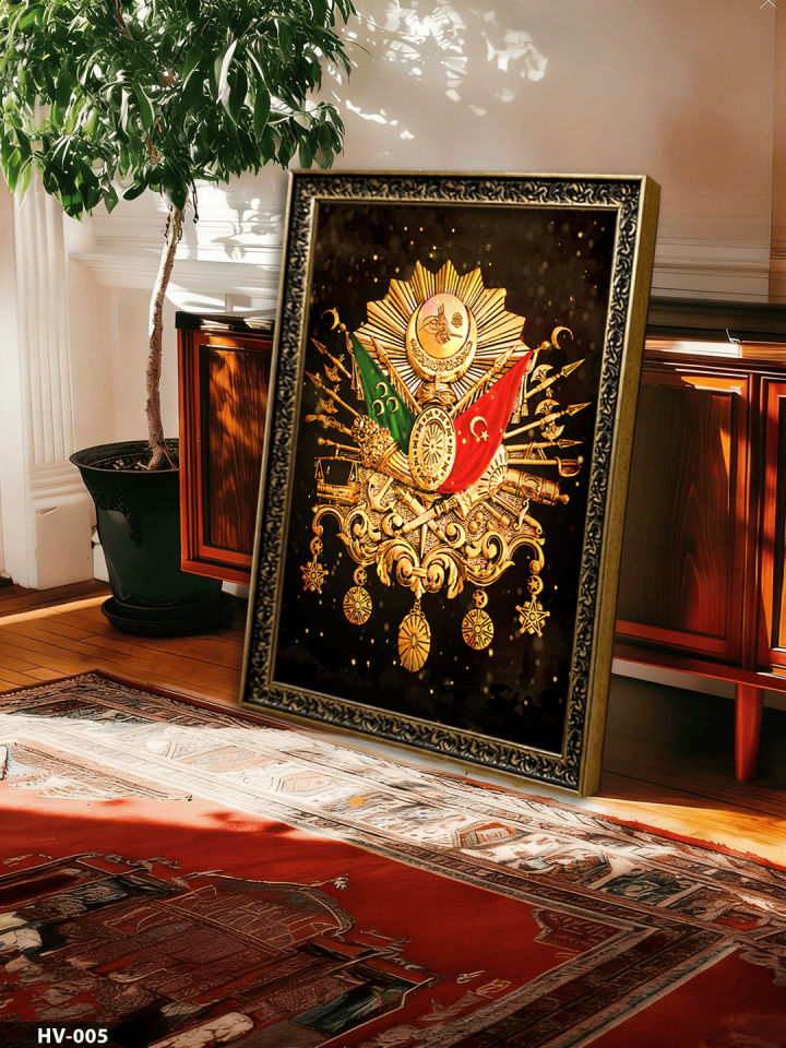 Osmanlı Arması Tuğrası Vintage Desenli Premium Çerçeveli Tek Parça Tablo 75x55 CM HV