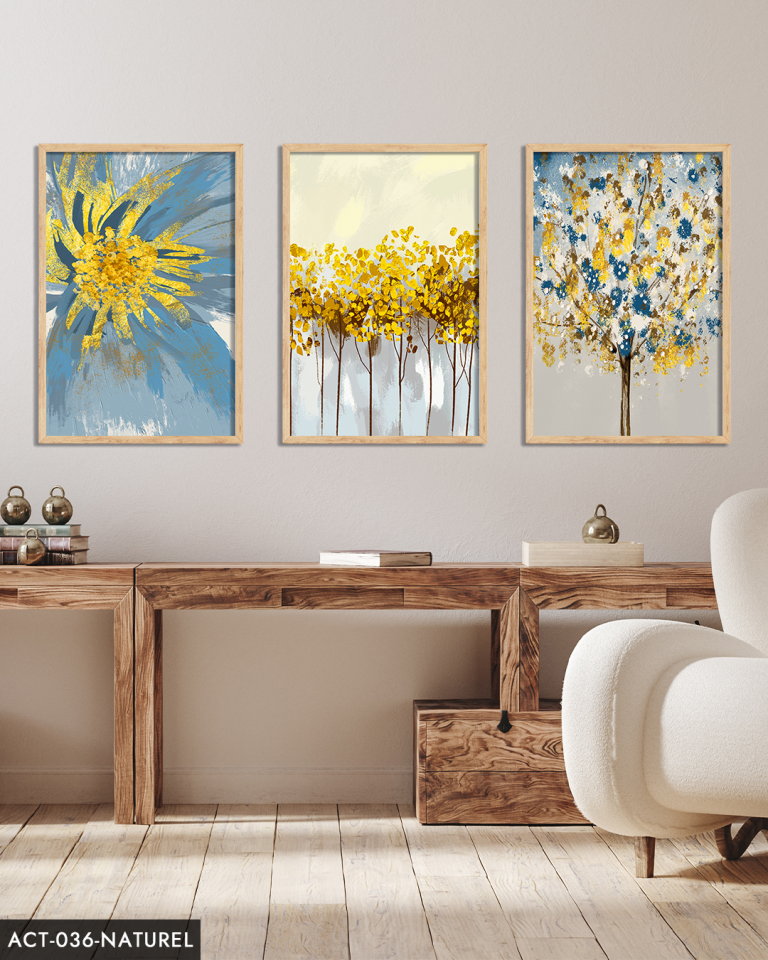 Mavi Çiçek Sulu Boya Görünümlü 3 Parça Ahşap Çerçeveli Tablo ACT Siyah - 40 x 60 CM