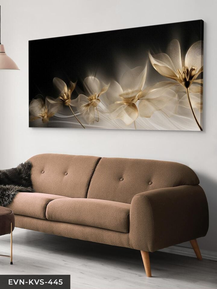 Yansımalı Gold Çiçekler Tek Parça Kanvas - Canvas Tablo 40 x 30 CM - Çok Renkli