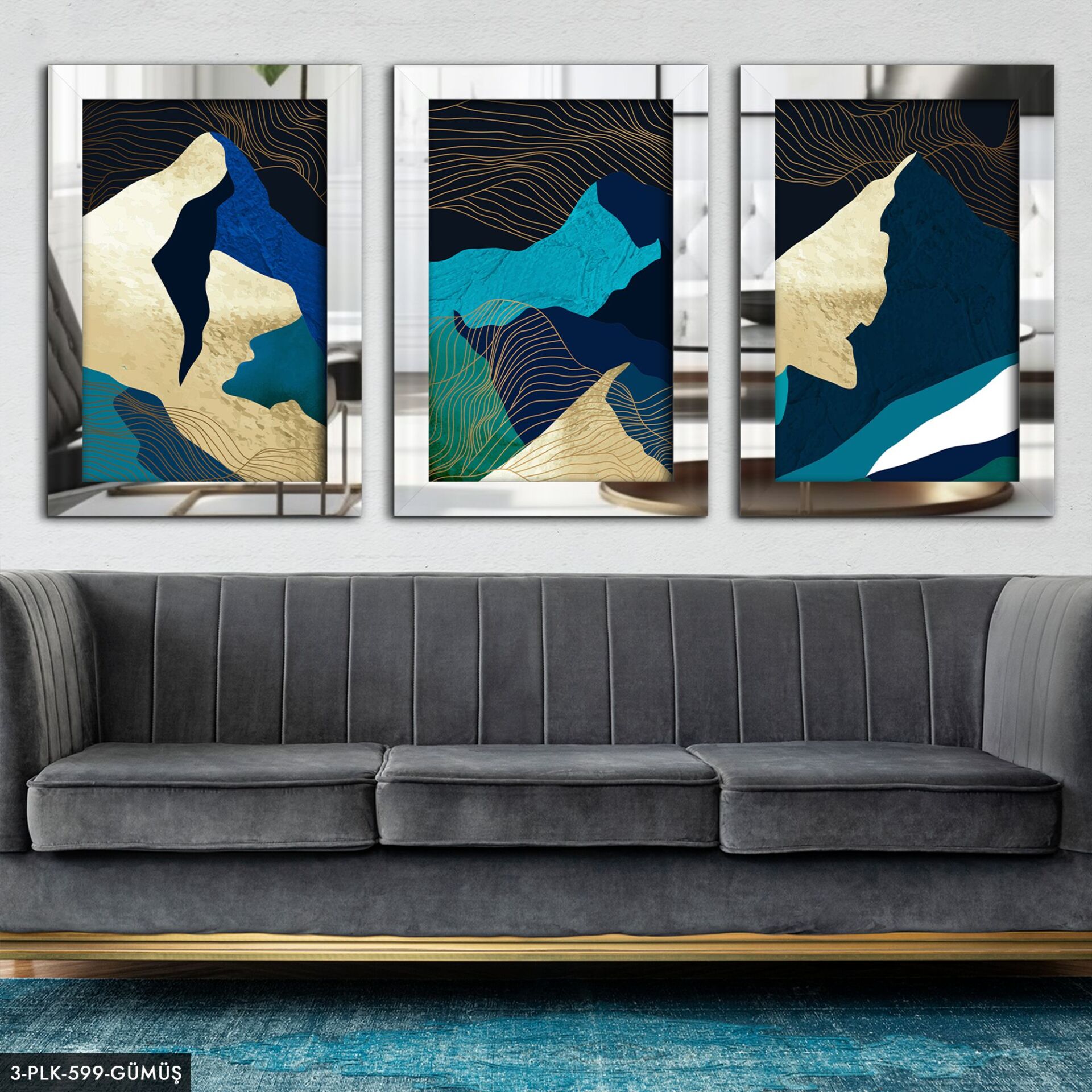 Soyut 3 Parça Pleksi Aynalı Tablo 60 x 80 CM - Gümüş