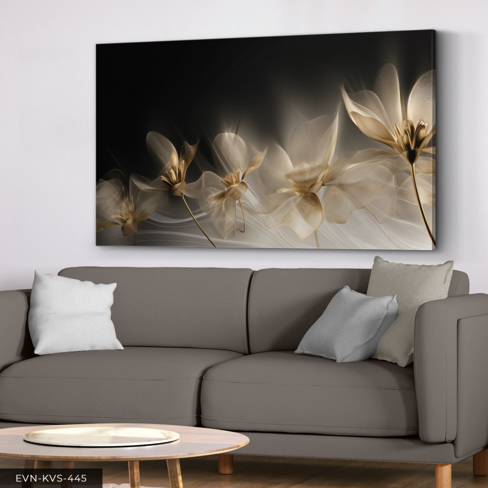 Yansımalı Gold Çiçekler Tek Parça Kanvas - Canvas Tablo 140 x 90 CM - Çok Renkli