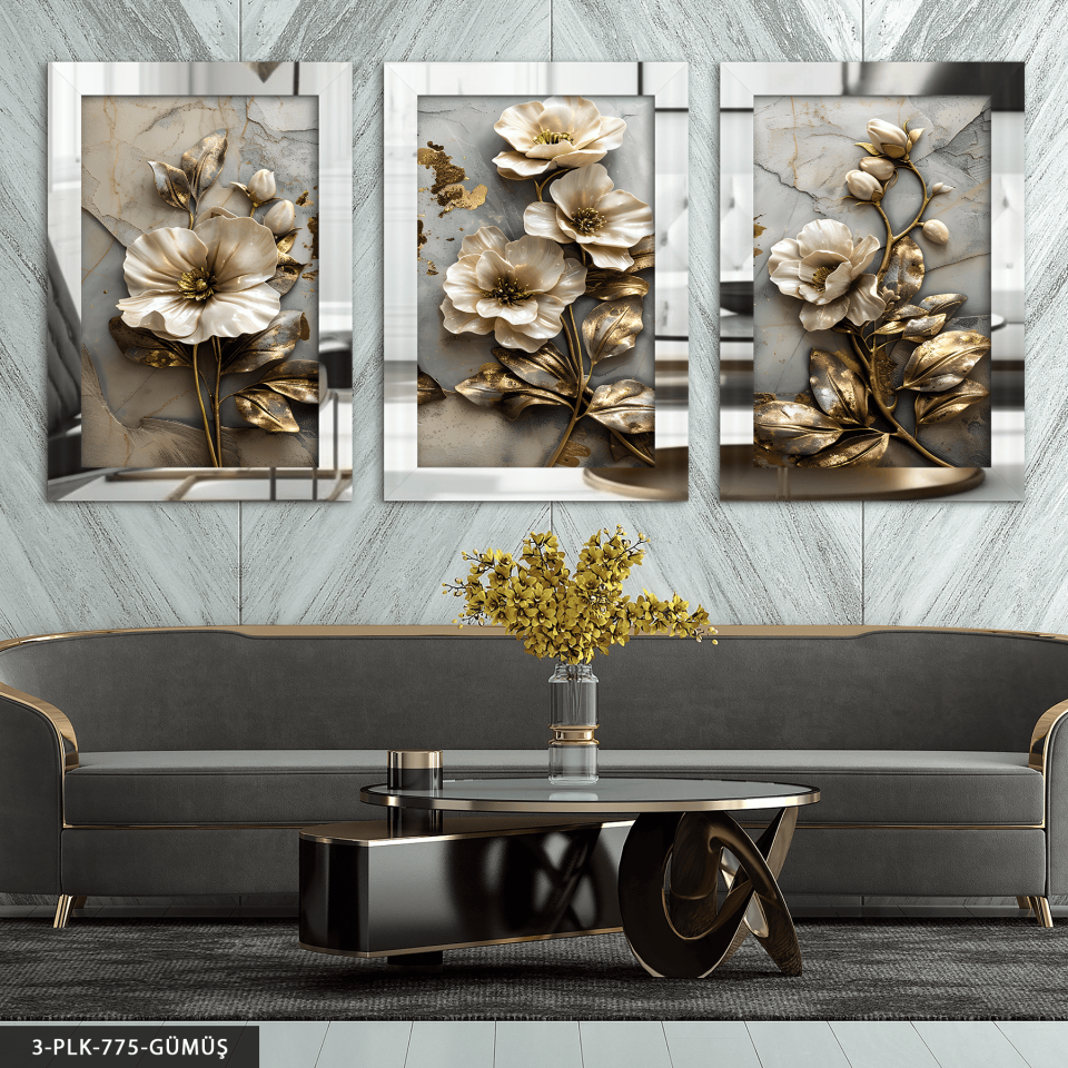 Gold Işıltılı Dokulu Görünüm Çiçek 3 Parça Pleksi Aynalı Tablo Gümüş - 30 x 40 CM