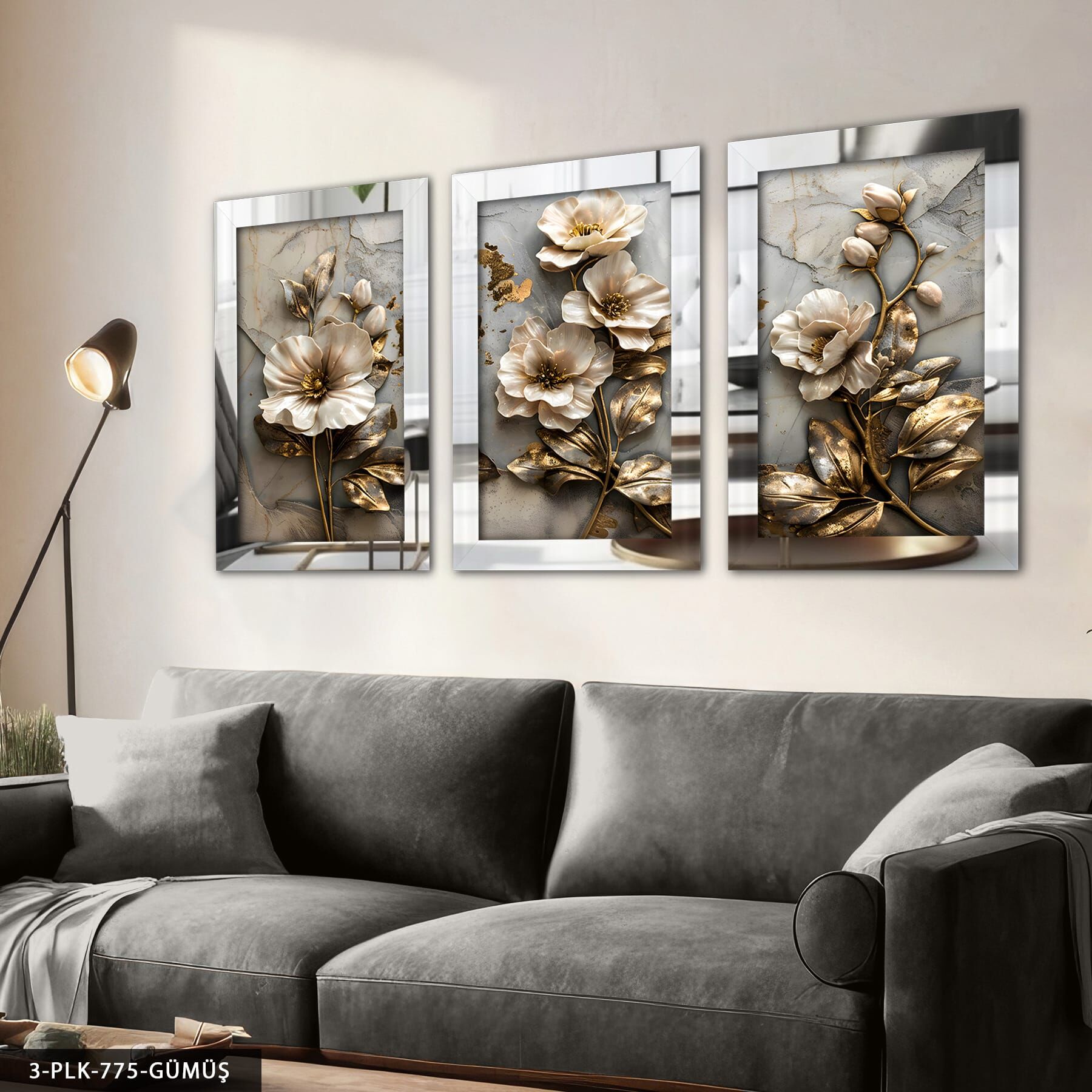 Gold Işıltılı Dokulu Görünüm Çiçek 3 Parça Pleksi Aynalı Tablo Gümüş - 30 x 40 CM