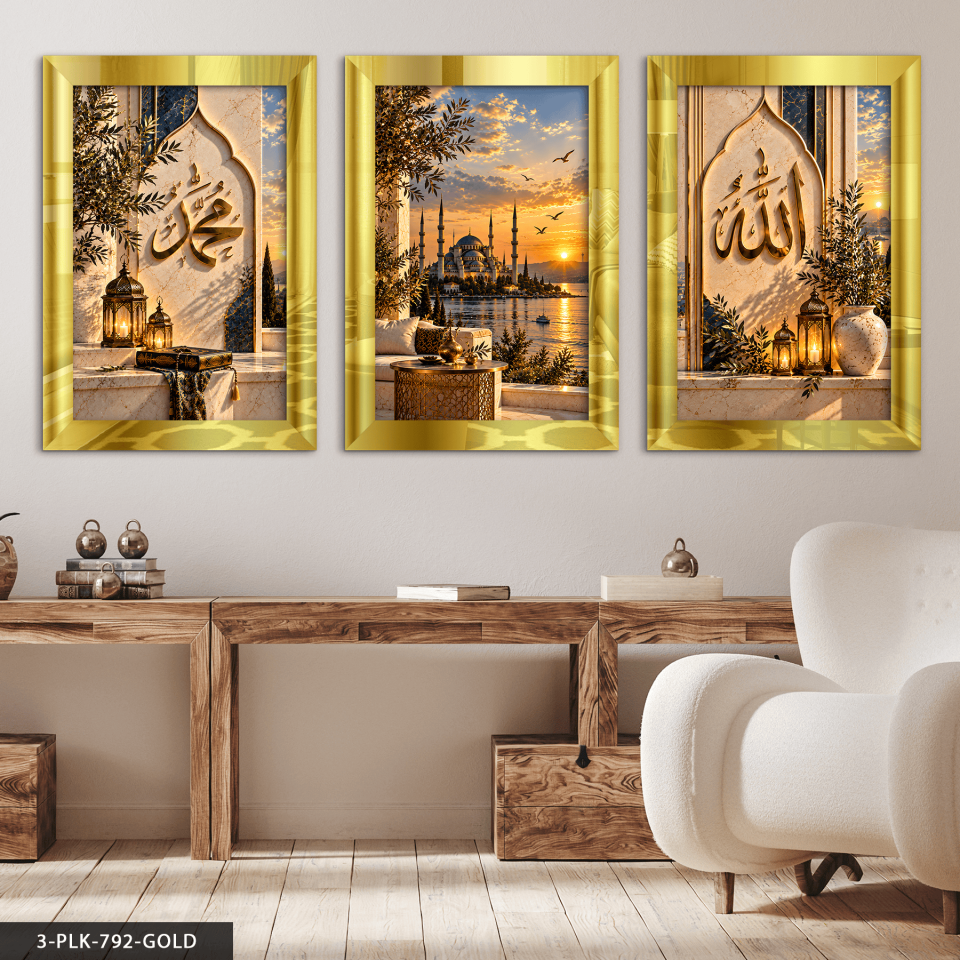 Allah Muhammed ve Camii 3 Parça Pleksi Aynalı Tablo