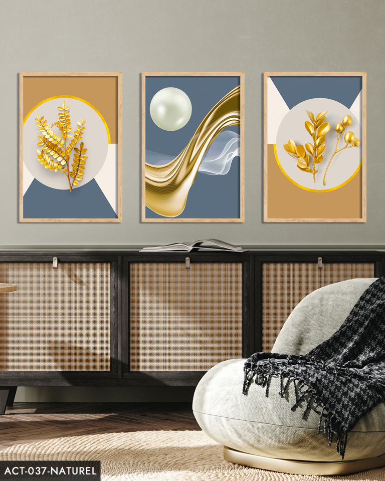 Gold Desenler Yaprak Tüy 3 Parça Ahşap Çerçeveli Tablo ACT Siyah - 40 x 60 CM