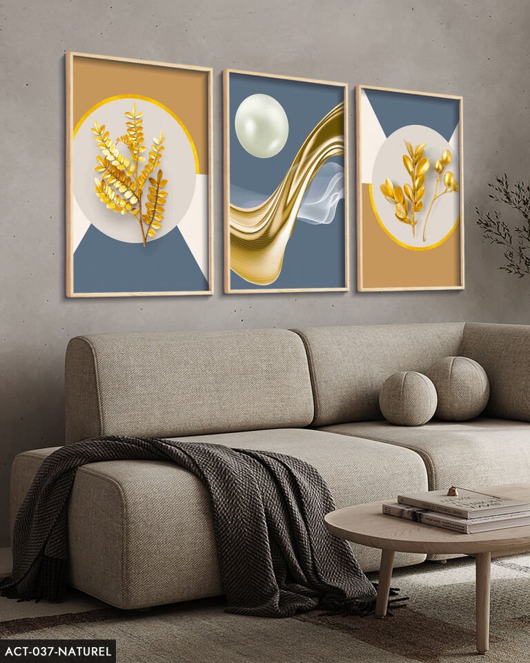 Gold Desenler Yaprak Tüy 3 Parça Ahşap Çerçeveli Tablo ACT Siyah - 40 x 60 CM