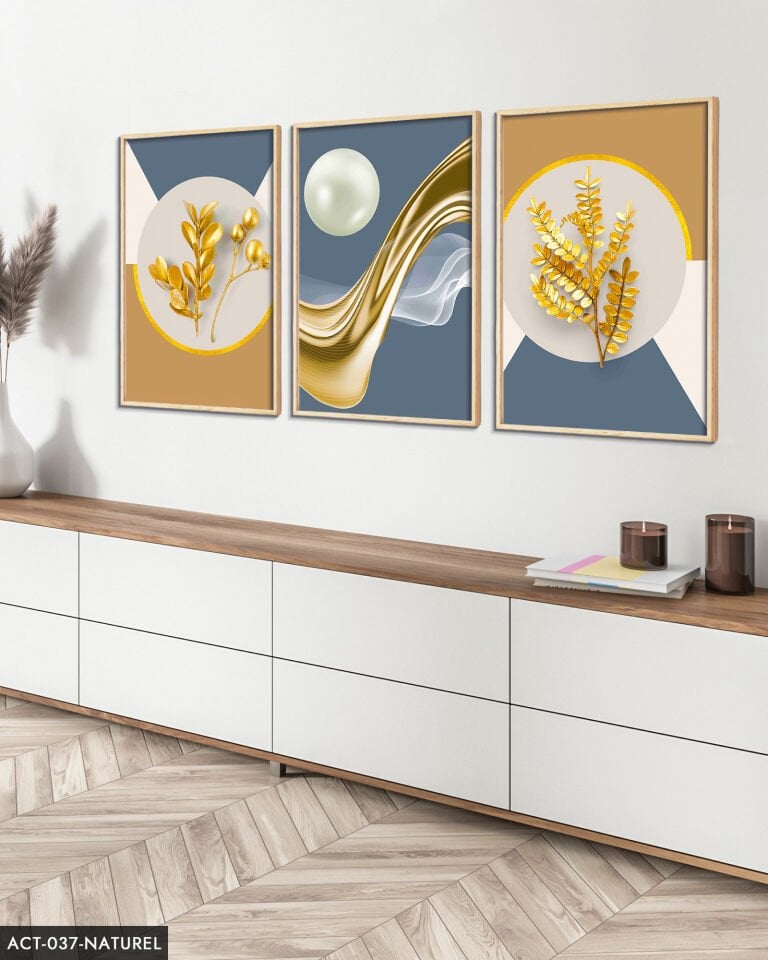 Gold Desenler Yaprak Tüy 3 Parça Ahşap Çerçeveli Tablo ACT Siyah - 40 x 60 CM