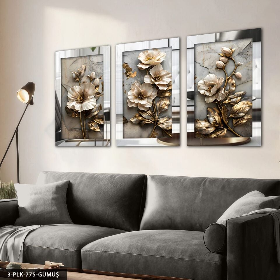 Gold Işıltılı Dokulu Görünüm Çiçek 3 Parça Pleksi Aynalı Tablo Gümüş - 40 x 60 CM