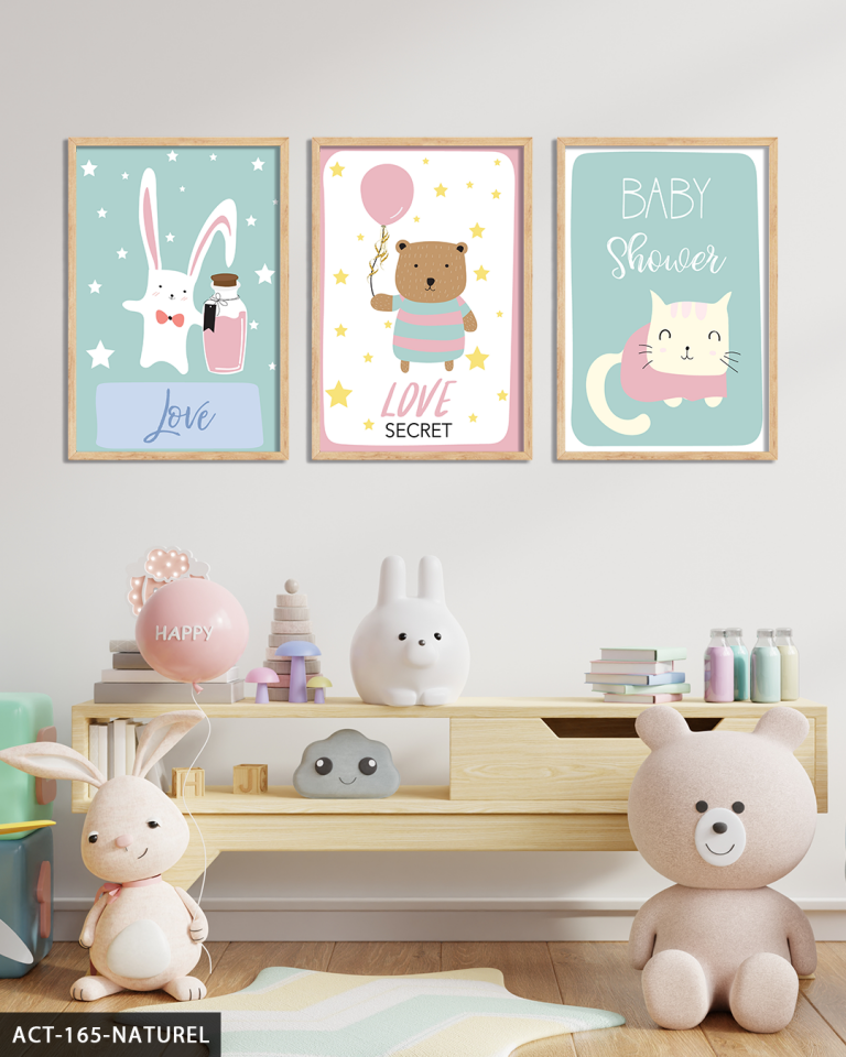 Hayvan Temalı Çocuk Odası 3 Parça Ahşap Çerçeveli Tablo ACT Naturel - 20 x 30 CM