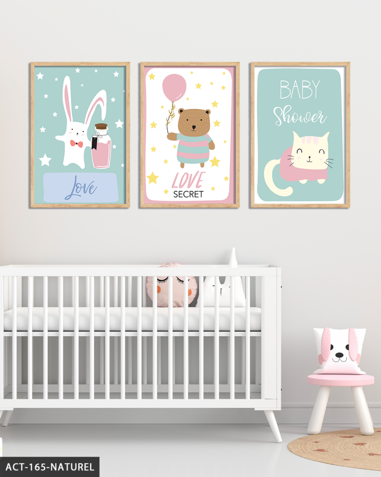 Hayvan Temalı Çocuk Odası 3 Parça Ahşap Çerçeveli Tablo ACT Naturel - 20 x 30 CM