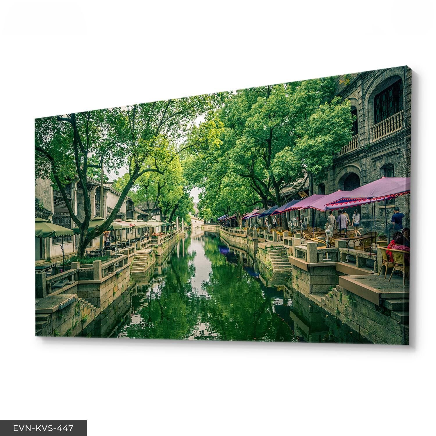 Irmak Kenarı Cafeler Tek Parça Kanvas - Canvas Tablo 40 x 30 CM - Çok Renkli