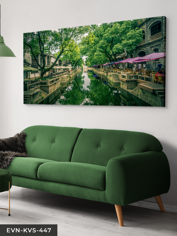 Irmak Kenarı Cafeler Tek Parça Kanvas - Canvas Tablo 140 x 90 CM - Çok Renkli