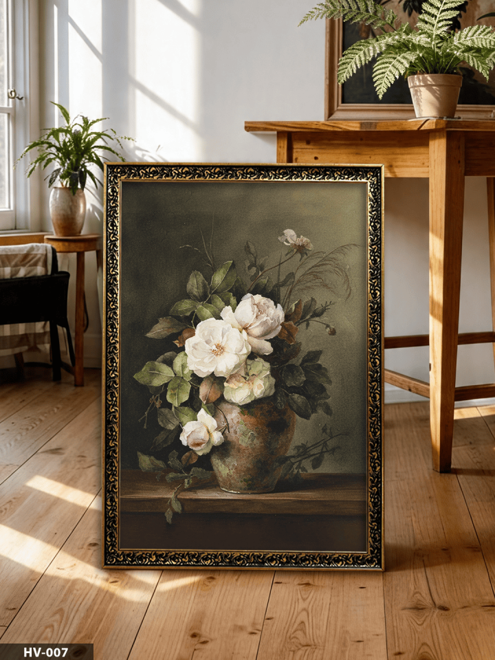 Vazoda Beyaz Çiçek Vintage Desenli Premium Çerçeveli Tek Parça Tablo 75x55 CM HV