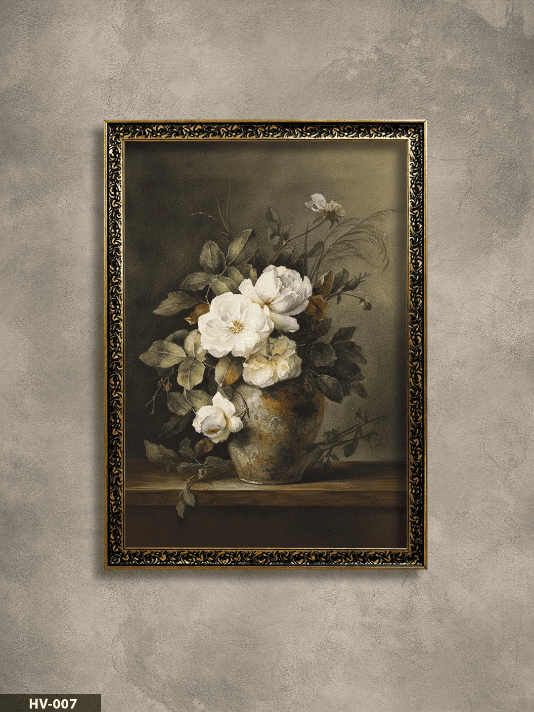 Vazoda Beyaz Çiçek Vintage Desenli Premium Çerçeveli Tek Parça Tablo 75x55 CM HV