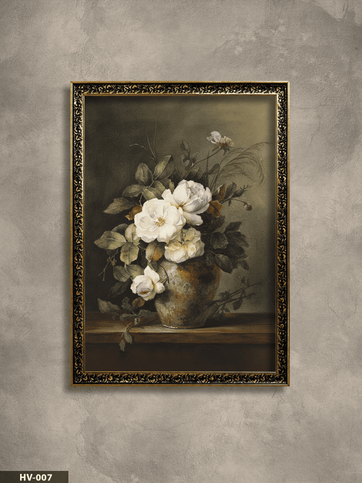 Vazoda Beyaz Çiçek Vintage Desenli Premium Çerçeveli Tek Parça Tablo 75x55 CM HV