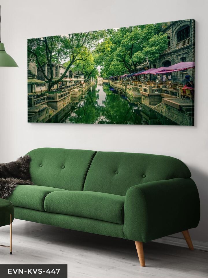 Irmak Kenarı Cafeler Tek Parça Kanvas - Canvas Tablo 40 x 30 CM - Çok Renkli