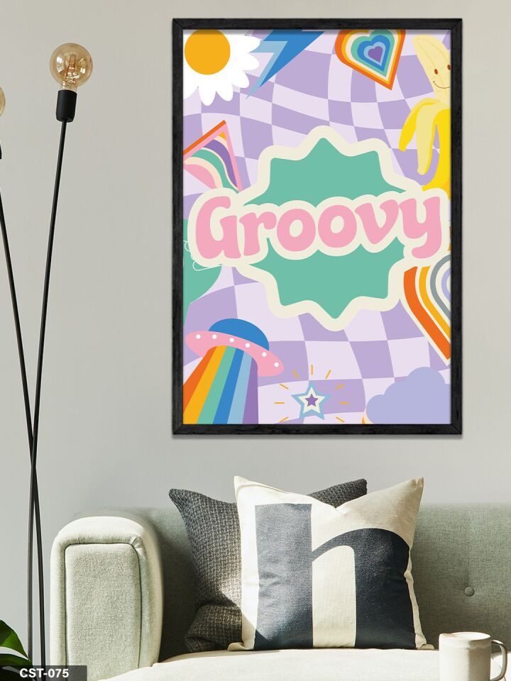 Groovy Yazılı Retro Renkli Tek Parça Ahşap Çerçeveli Tablo Siyah - 20 x 30 CM